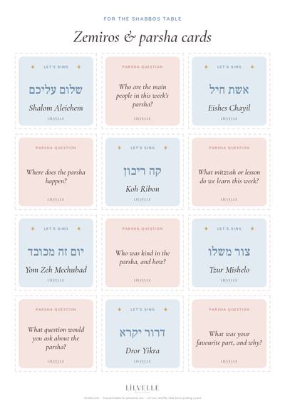 Preview of Zemiros & parsha cards for kids